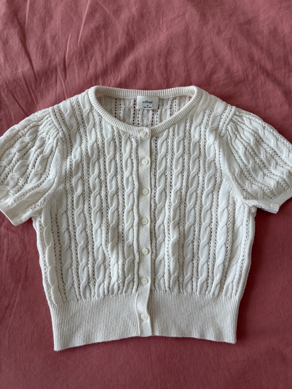 Aritzia Wilfred Fey White Cable-Knit Short Sleeve Cardigan Size Medium